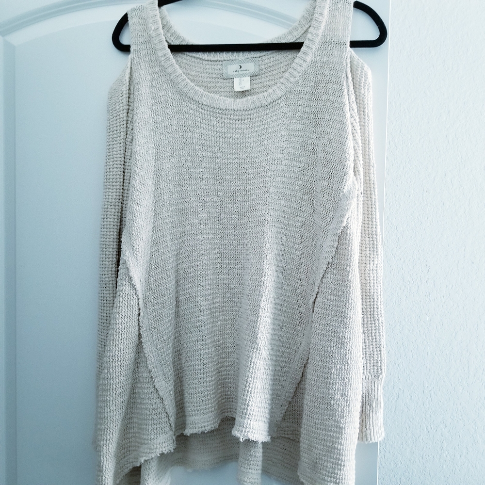 Anthropologie Ruby Moon Cold Shoulder Beige Sweater - Picture 4 of 7